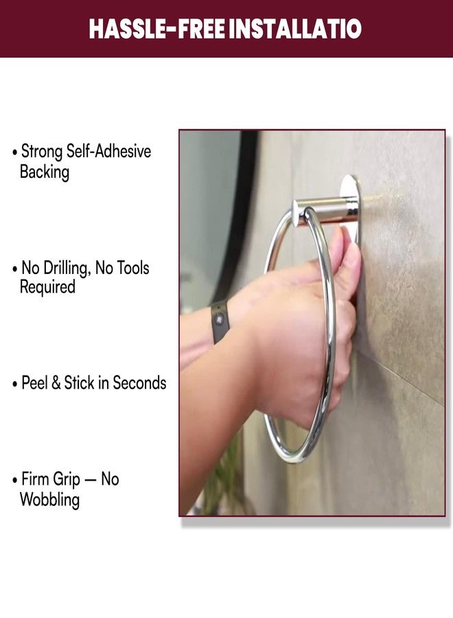 OSLEN Stainless Steel Self Adhesive Round Towel Ring | No Drilling Wall Mounted Bathroom Accessories | Durable Napkin Hand Towel Holder for Kitchen, Wash Basin, Home and Hotels (Chrome Finish) - Image 5